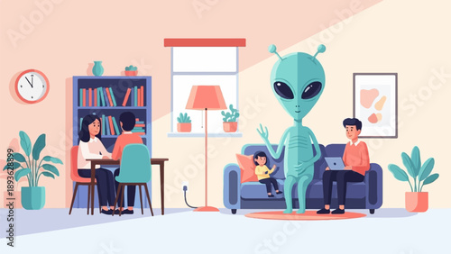A surreal domestic scene features an alien and humans in a cozy living room