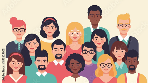 Diverse group of smiling people in a flat, illustrative style