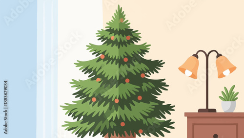 A festive Christmas tree stands beside a lamp and a potted plant on a wooden table