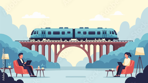 A train passes over a bridge while two people work on laptops