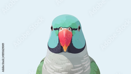 Close up of a parrot with a striking red beak and blue-green head