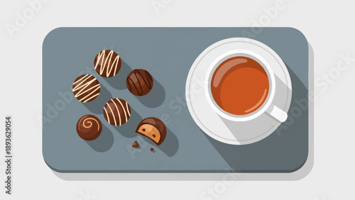 A top view of a tray with chocolates and a cup of tea
