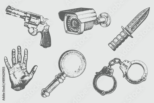Halftone style Handcuffs, Magnifying Glass, Knife, Camera, Blood hand, Handgun Weapon set illustration. Monochrome crime photocopy effect, for grunge punk y2k collage design vector. Eps 10
