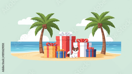 A festive beach scene with gifts, a cat, and palm trees under a sky