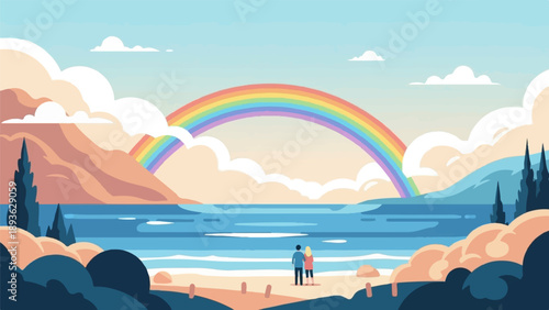 Couple watches a vibrant rainbow over a tranquil ocean and beach