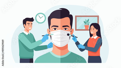 Diverse hands adjust mask on person's face in indoor setting