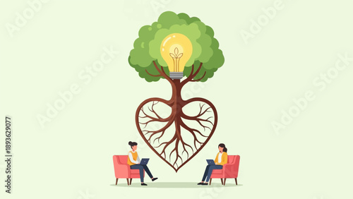 A tree with a lightbulb as its crown and heart-shaped roots, with two people working on laptops
