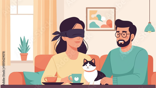 Couple with cat and blindfolded woman enjoying a beverage indoors
