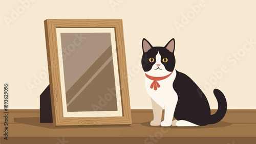 A tuxedo cat sits by a wooden framed picture on a shelf