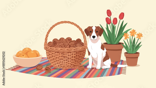 A dog sits beside a basket of walnuts and fruit, with potted tulips and daffodils