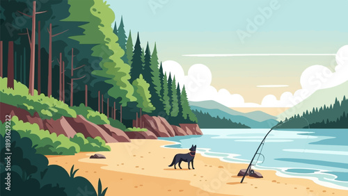 A dog and fishing rod on a sandy beach by a serene lake and forest