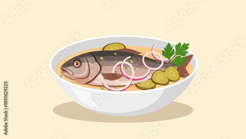A whole fish dish with pickles and onion rings in broth