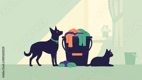 A dog and cat observe a bucket full of laundry near a window