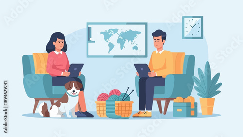 Couple relaxing with dog in living room, using tablets, crafting