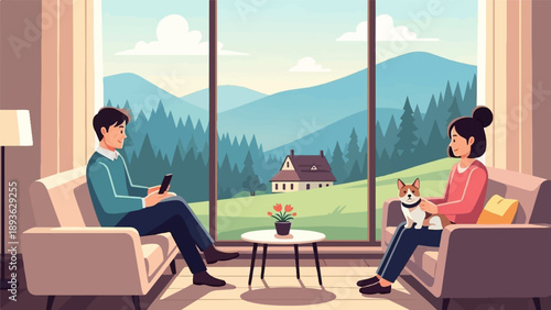 Couple relaxing with dog and phone, watching a scenic mountain landscape
