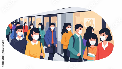 A diverse group of people wearing face masks in a public transit setting
