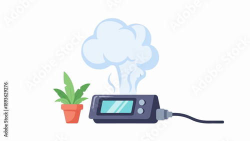 A device emits steam next to a potted plant