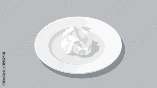 A crumpled piece of paper rests on a plain white plate against a gray background