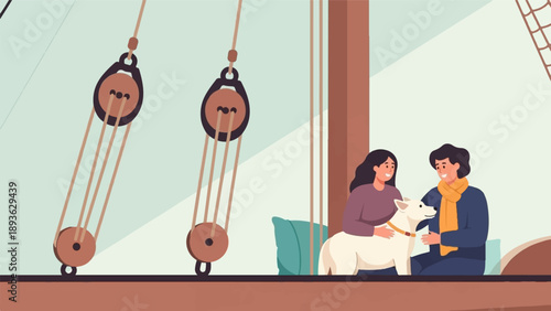 A cozy scene of a couple with their dog, near ship rigging