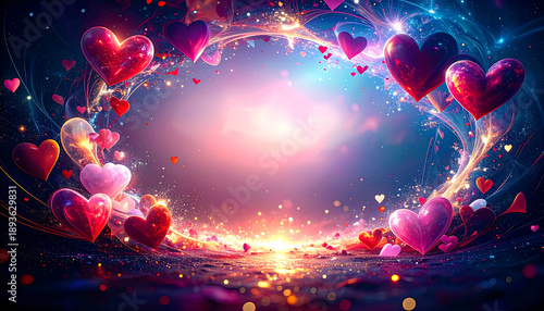 A pink backdrop with floating red hearts and gift boxes, featuring a central red gift box with a ribbon for valentines day