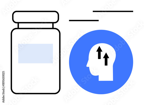 Cognitive enhancement concept. Symbol of a medicine bottle and a head with upward arrows, brain performance and improvement. Ideal for healthcare, neuroscience, supplements, mental wellness
