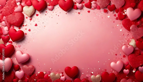A pink backdrop with floating red hearts and gift boxes, featuring a central red gift box with a ribbon for valentines day