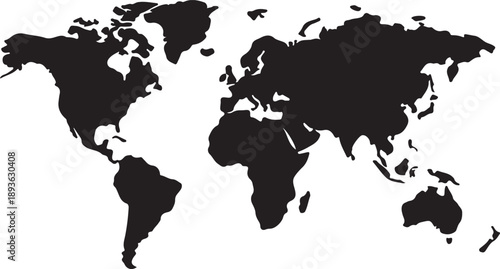 Black Silhouette World Map Icon – Minimalist Global Geography Vector for Education, Design, and Travel Themes