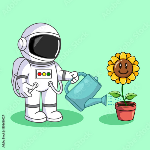 Astronaut Watering a Happy Potted Sunflower Vector Illustration Cartoon Design