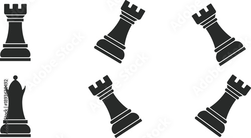 Black silhouette vector icon set featuring various chess pieces including the rook and queen for strategy board games competition and intellectual thinking branding design