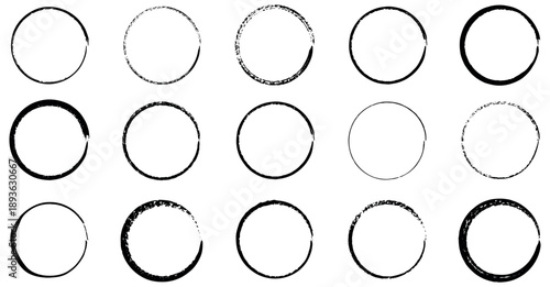 A collection of fifteen unique black distressed handdrawn grunge circular frames and artistic borders on a clean white background