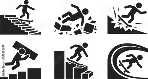Black silhouette vector icon set featuring skateboarders and surfers performing stunts falling and jumping for extreme sports lifestyle and urban activity branding design
