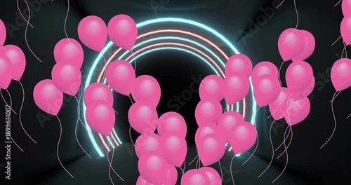 Animation of pink party balloons floating over neon arch on black background