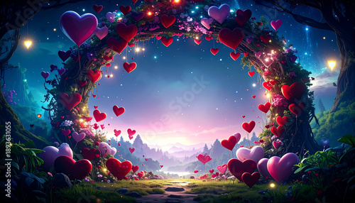 A pink backdrop with floating red hearts and gift boxes, featuring a central red gift box with a ribbon for valentines day