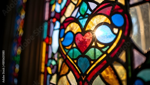 Stained glass heart window with vibrant colors and light