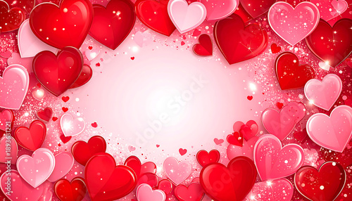 A pink backdrop with floating red hearts and gift boxes, featuring a central red gift box with a ribbon for valentines day