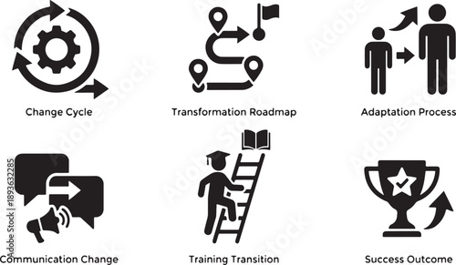 Business transformation process and success outcome icons set depicting change management concepts Vector