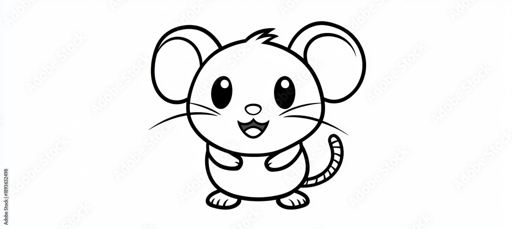 Fototapeta premium Cute Cartoon Mouse Drawing with Black Outline, Simple Line Art Illustration for Children s Designs