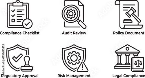 Essential outline icons for corporate compliance, audit, risk, and legal regulation processes Vector