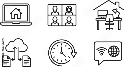 Remote work and online collaboration icons: laptop, video call, home office, cloud, time management Vector