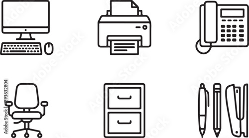 Essential office equipment and stationery outline icons for modern workplaces Vector