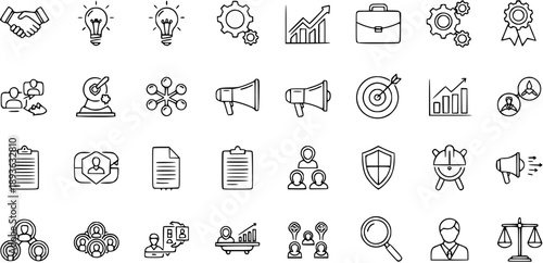 Hand-drawn business line icons set. Marketing, finance, management, strategy, teamwork, communication, growth, and success related thin doodle vector symbols.