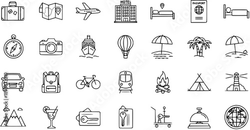 Detailed Travel and Tourism Vector Line Art Icons Set for Vacation, Adventure, and Global Exploration
