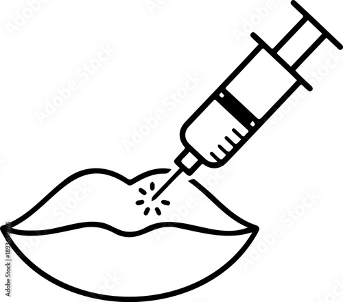 Minimalist Lip Injection Line Art - Simple Cosmetic Filler Syringe and Lips Vector Outline for Medical Spa and Aesthetic Beauty Branding
