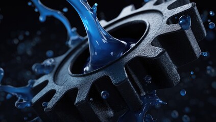 Metallic gear with fluid splashing around it, close up, dark background