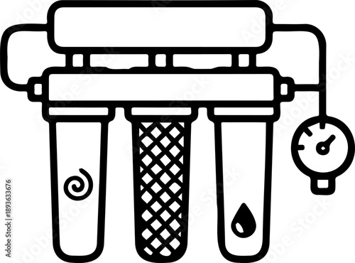 Modern Reverse Osmosis Water Filter Line Art - Simple Home Filtration System Vector Outline with Pressure Gauge Icon