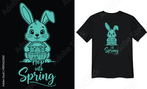 Cute Easter Bunny Holding a Basket of Eggs with Hop into Spring Typography
