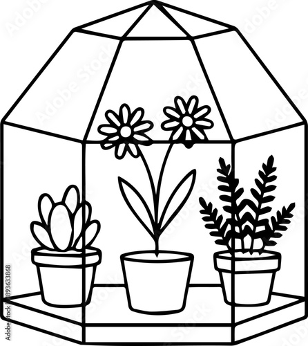 Minimalist Greenhouse Line Art - Simple Glass Garden Terrarium Vector Outline with Potted Plants