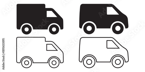 Delivery van icon set with solid and outline styles for branding and interface design