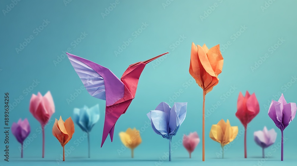 Fototapeta premium Vibrant origami hummingbird flying among colorful flowers