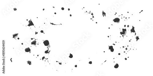 A grunge black ink splat and liquid paint splatter vector illustration creates a dirty stain texture pattern with a spray drop effect on a white background for an artistic design
